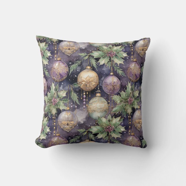 Luxury Radiance: Purple & Gold Christmas Splendour Throw Pillow (Front)