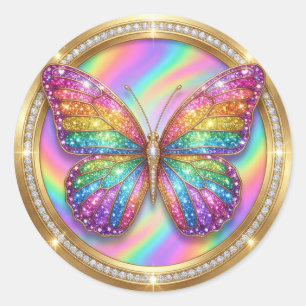 Luxury Rainbow Glitter Butterfly  Classic Round Sticker