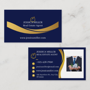Luxury Real Estate Agent Corporate Photo Blue Gold Business Card