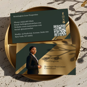 Luxury Real Estate Agent Green & Gold Luxe Photo Business Card