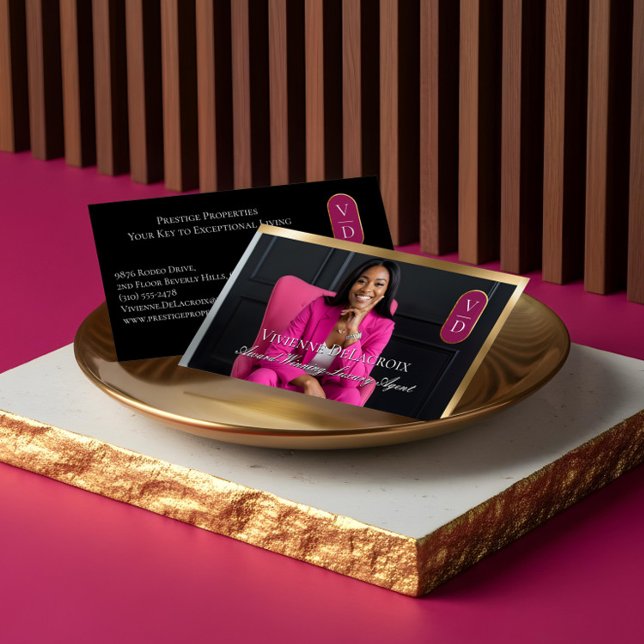 Luxury Real Estate Black Gold Pink Photo Monogram Business Card (Luxury Real Estate Black Gold Pink Photo Monogram Business Card)