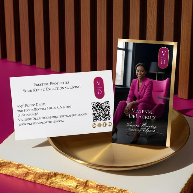 Luxury Real Estate Black Gold Pink Photo Monogram Business Card (Luxury Real Estate Black Gold Pink Photo Monogram Business Card)