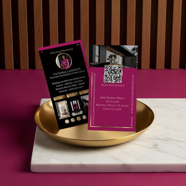 Luxury Real Estate Black Gold Pink Social Photos Business Card (Luxury Real Estate Black Gold Pink Social Photos Business Card)