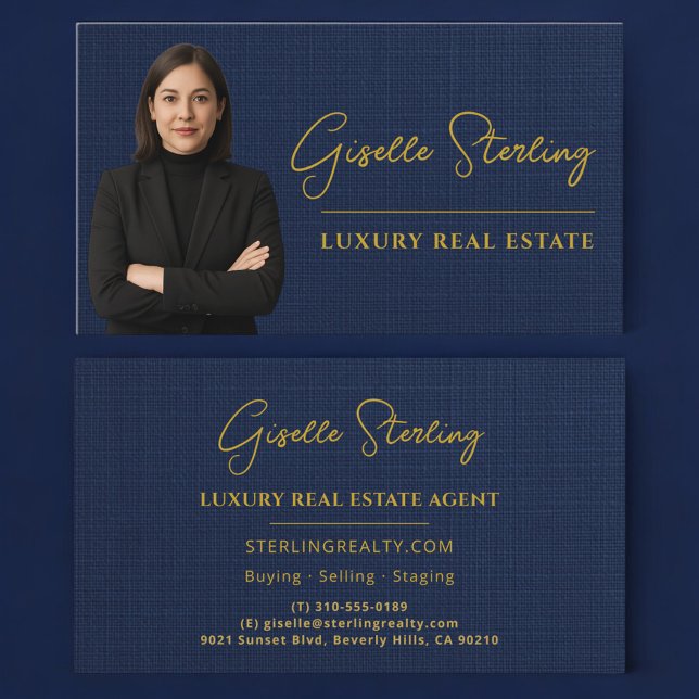 Luxury Real Estate Navy Blue Gold Linen Business Card (Creator Uploaded)