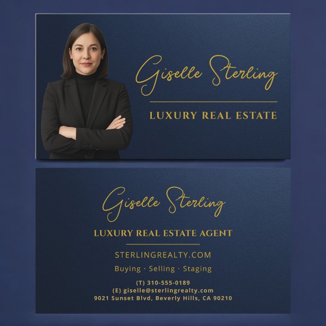 Luxury Real Estate Navy Blue Gold Metallic Business Card (Creator Uploaded)