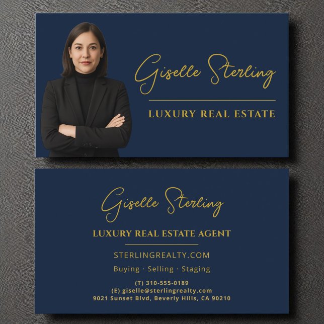 Luxury Real Estate Navy Blue Gold Script  Business Card (Creator Uploaded)