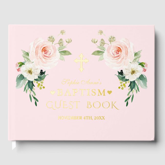Luxury Real Foil Pink Blush Flowers Girl Baptism Guest Book (Front)