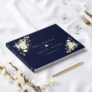 Luxury Real Foil White Flowers Navy Blue Wedding Guest Book