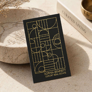 Luxury Realtor Art Deco Geometric Black/Gold Business Card