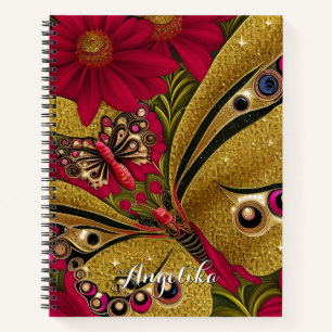 Luxury Red and Gold Butterfly Custom Name Notebook