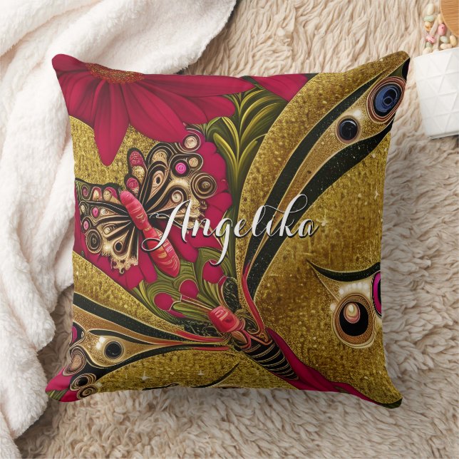 Luxury Red and Gold Butterfly Custom Name Throw Pillow (Blanket)