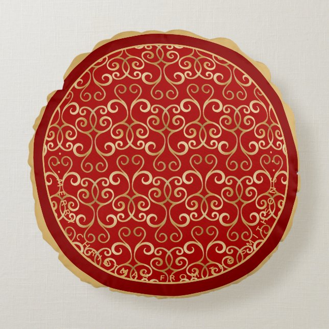  LUXURY RED AND GOLD CHRISTMAS DAMASK PERSONALIZED ROUND PILLOW (Front)