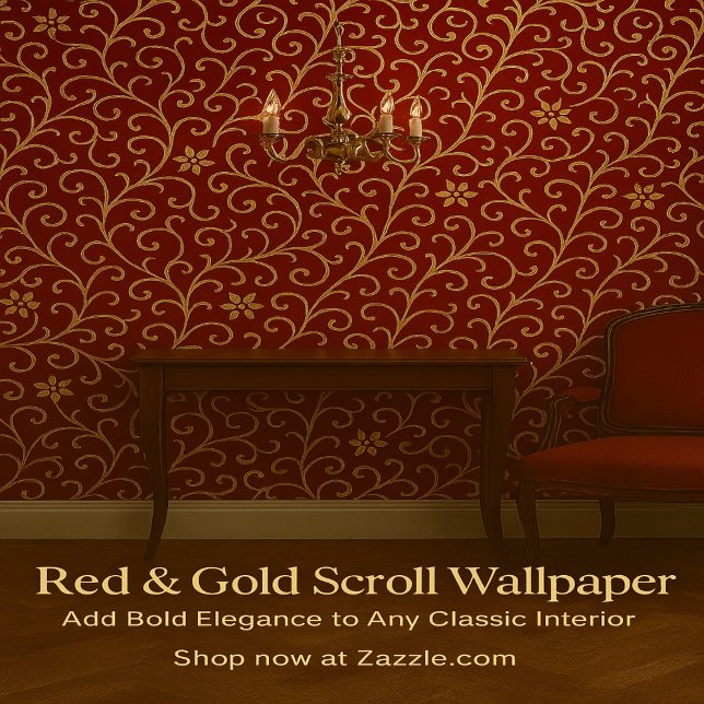 Luxury Red and Gold Damask Floral Scroll  Wallpaper (Creator Uploaded)