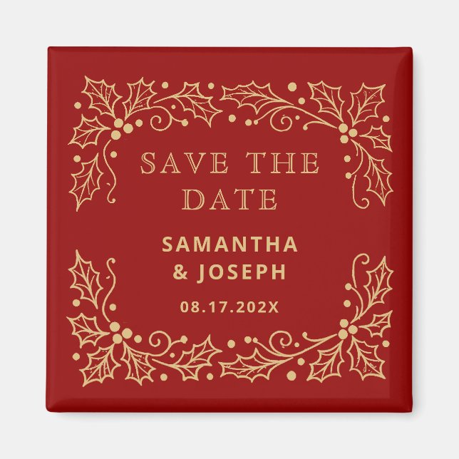 Luxury Red & Antique-Gold Save the Date Magnet (Front)