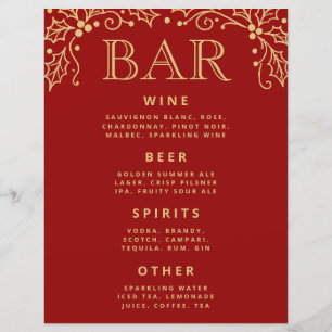 Luxury Red Antique Gold Wedding Bar Menu Tabletop