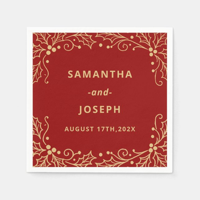 Luxury Red & Antique-Gold Wedding Napkin (Front)