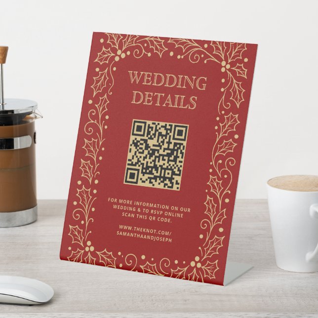 Luxury Red & Antique-Gold Wedding QR Code Sign (In SItu)