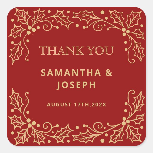 Luxury Red & Antique-Gold Wedding Square Sticker (Front)