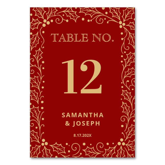 Luxury Red & Antique-Gold Wedding Table Number (Front)