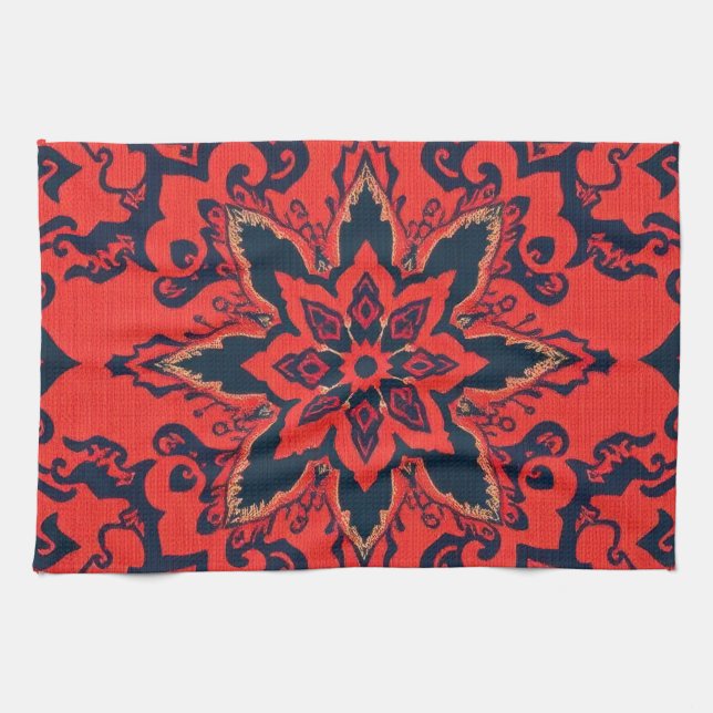 Luxury Red Blue Ornate Persian Medallion Pattern Kitchen Towel (Horizontal)