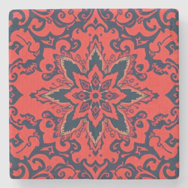Luxury Red Blue Ornate Persian Medallion Pattern Stone Coaster (Front)
