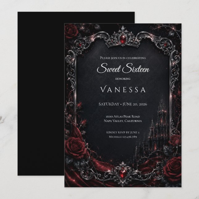 Luxury Red Dark Gothic Sweet 16 Invitation (Front/Back)