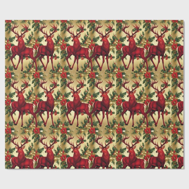 Luxury Red Deer Moose Gold Snow merry Xmas Pattern Wrapping Paper (Flat)