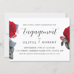 Luxury red garden Rose. Elegant Engagement Part Invitation