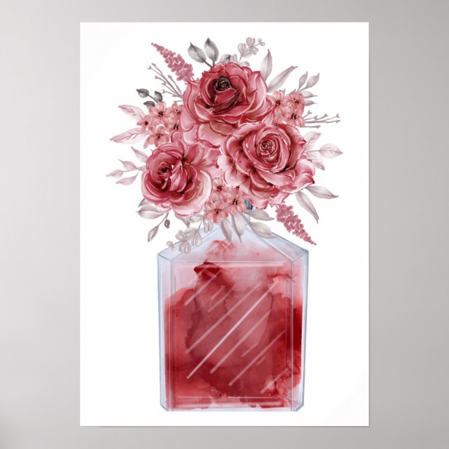 Luxury Red Glam Floral Watercolor Perfume Bottle Poster (Front)
