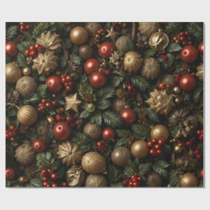 Luxury Red Gold Christmas Ornament Wrapping Paper