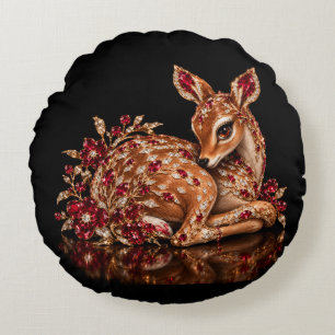 Luxury Red Gold Deer Art Round Pillow