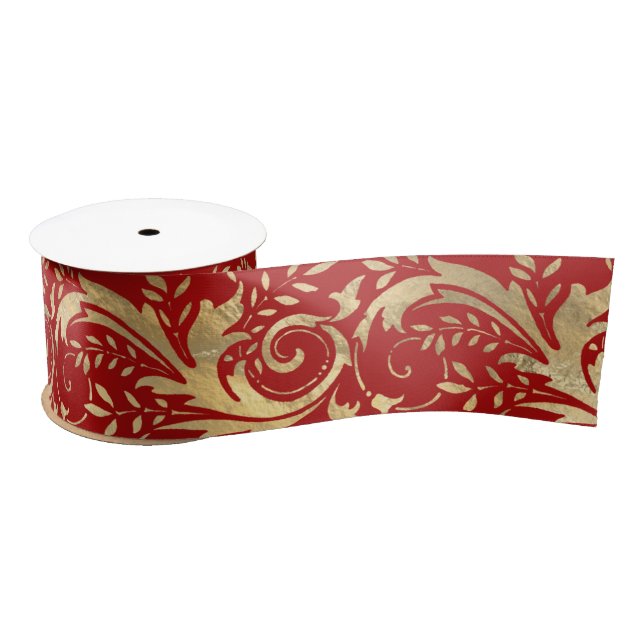 Luxury Red Gold Foil Ornate Floral Pattern Satin Ribbon (Spool)