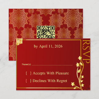 Luxury Red Gold Mandala QR Code RSVP Card