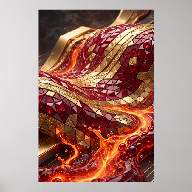 Luxury Red Gold Mosaic Wave Wall Art Poster (Front)