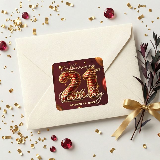 Luxury Red Gold Ruby Gem 21st Birthday Party Square Sticker (Creator Uploaded)