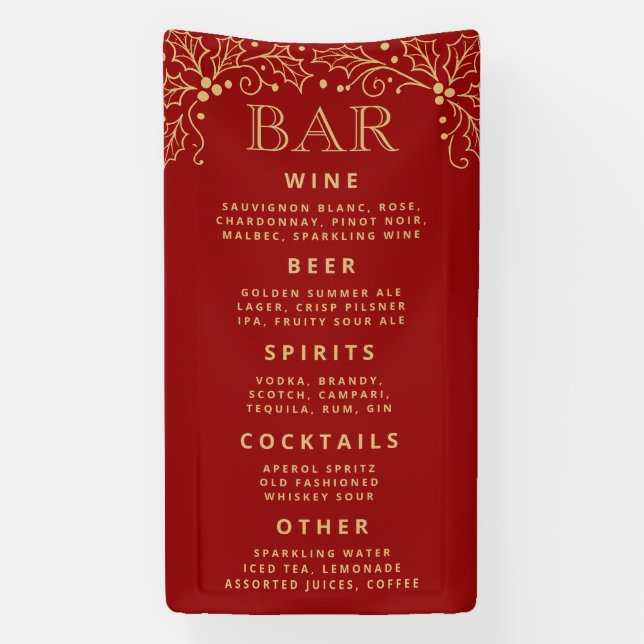 Luxury Red Gold Wedding Bar Menu Reception Decor Banner (Vertical)