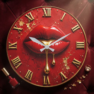 Luxury Red Lips Modern Glam Home Decor Large Clock