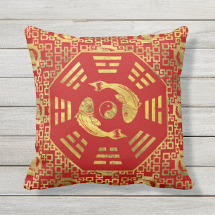 Luxury  Red on gold Pair of Koi Fish in Bagua Throw Pillow