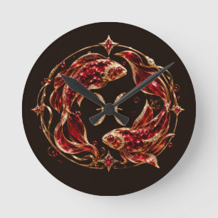 Luxury Red Pisces Zodiac Round Clock
