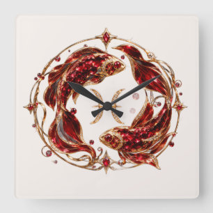 Luxury Red Pisces Zodiac Square Wall Clock