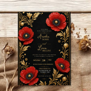 Luxury Red Poppy Black and Gold Floral Elegant Invitation