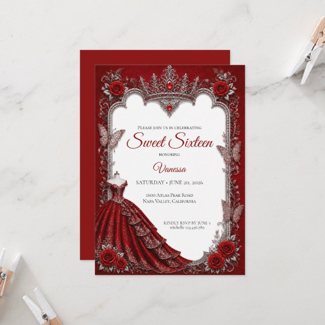 Luxury Red Princess Sweet 16 Invitation (Front/Back In Situ)
