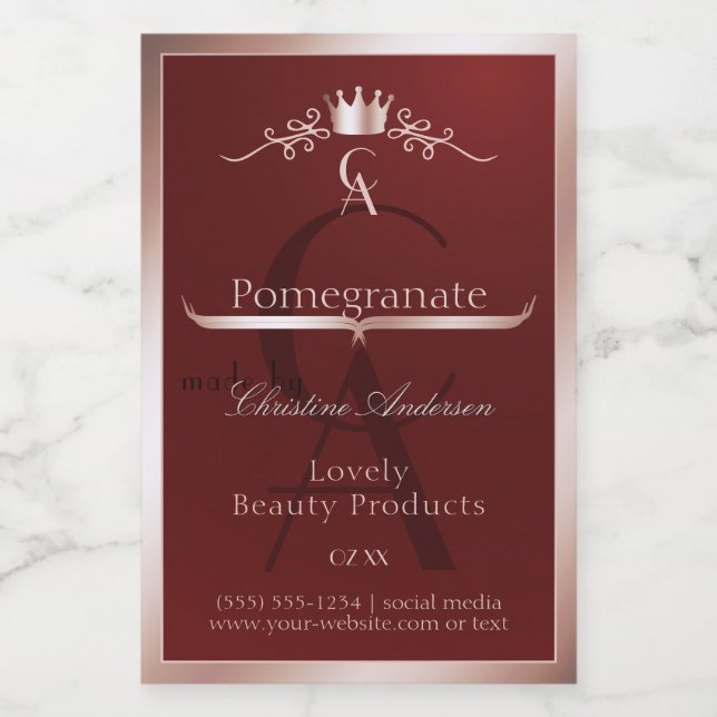 Luxury Red Product Label Rose Gold Frame Monogram (Single Label)