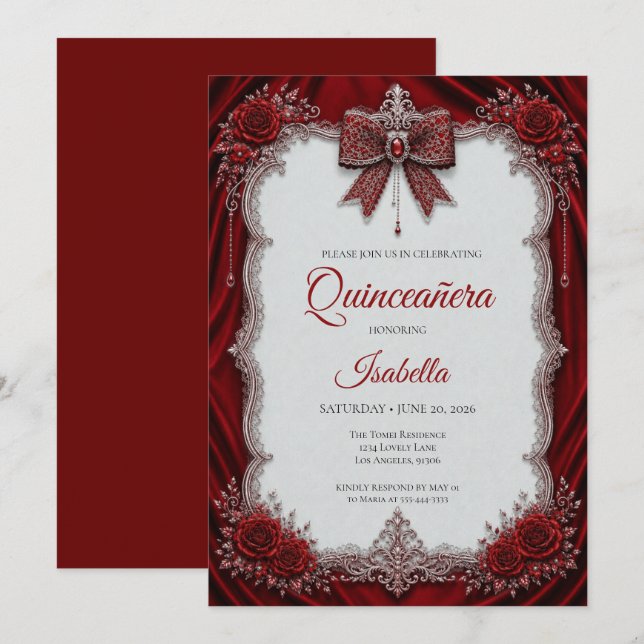 Luxury Red Silver Bow Quinceañera Invitation (Front/Back)