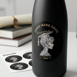 Luxury Rhinestone Graduation Cap Girl Black Gold  Classic Round Sticker