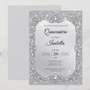 Luxury Rhinestones Silver Glitter Quinceañera Invitation