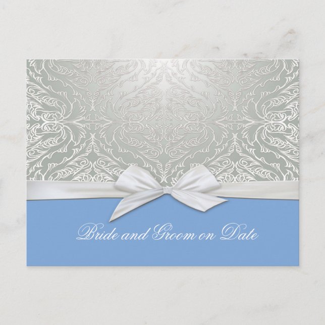 Luxury Ribbon Silver/Blue Damask Save date card (Front)