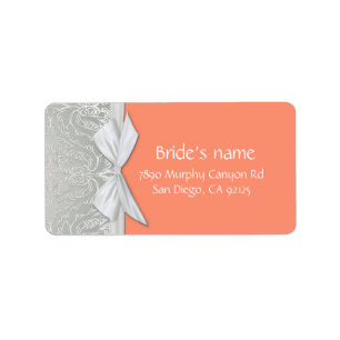 Luxury Ribbon Silver/Coral Damask Address label