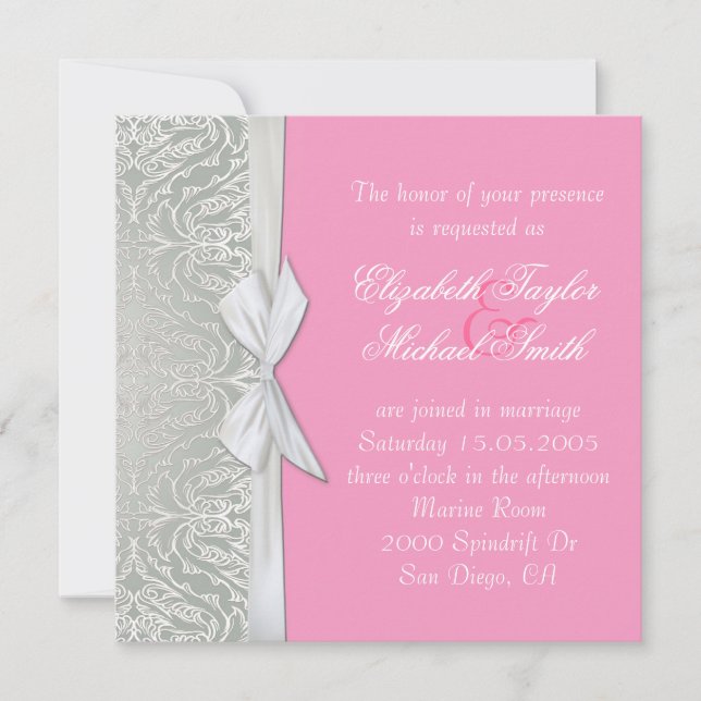 Luxury Ribbon Silver/Pink Damask Wedding Invite (Front)