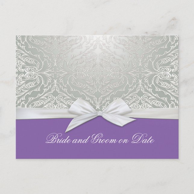 Luxury Ribbon Silver/Purple Damask Save date card (Front)